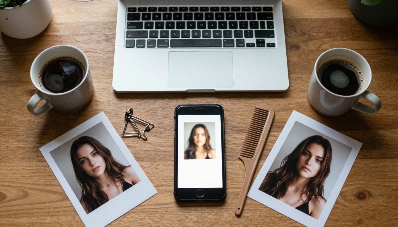Top-down view of a wooden desk with a phone, laptop, coffee, comb, hair clips, and printed portrait photos
