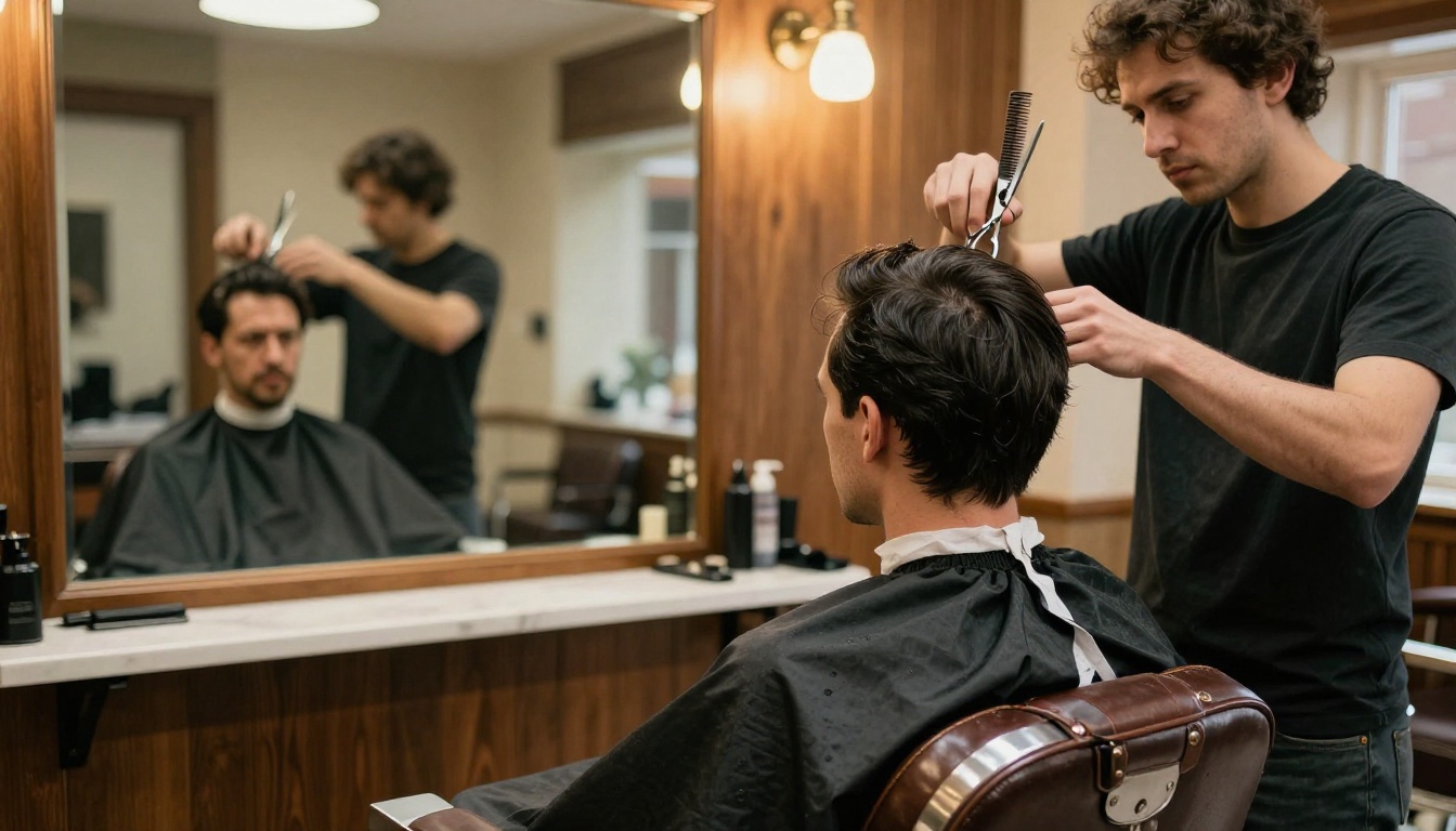 A man in a leather barber chair frowning at his reflection while the barber holds scissors above his hair