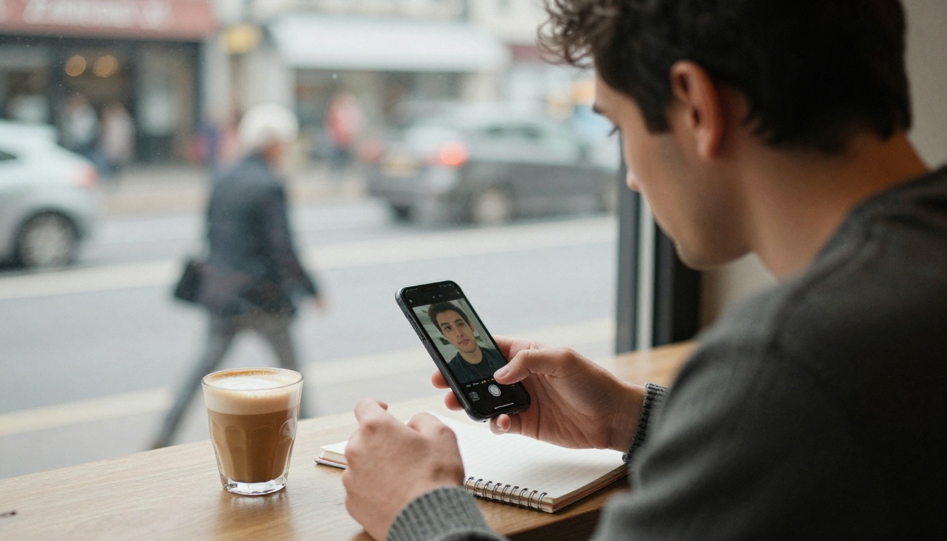 A young man at a cafe window table holding a smartphone that shows a close portrait of his own face