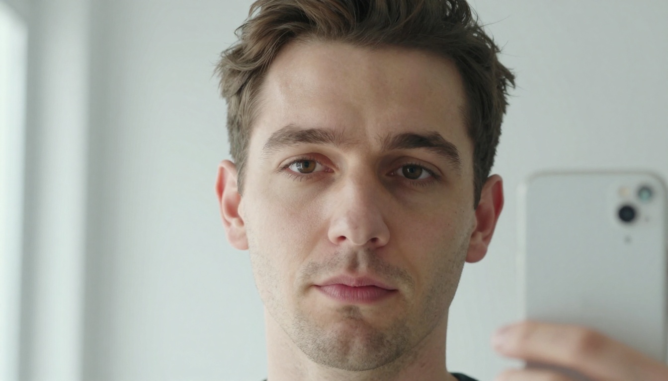 A man with short brown hair pushed back, facing a bright window with soft even light while taking a straight-on selfie