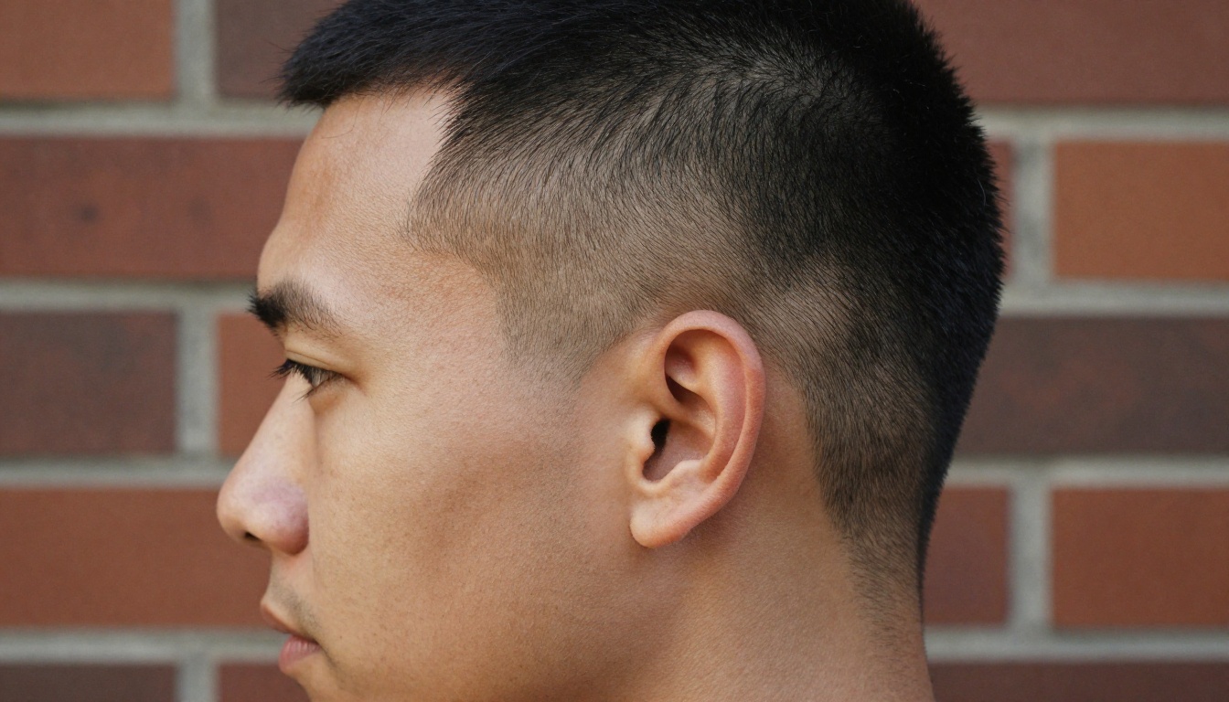 Side profile of a man with a sharp crew cut and a clean skin fade above the ear
