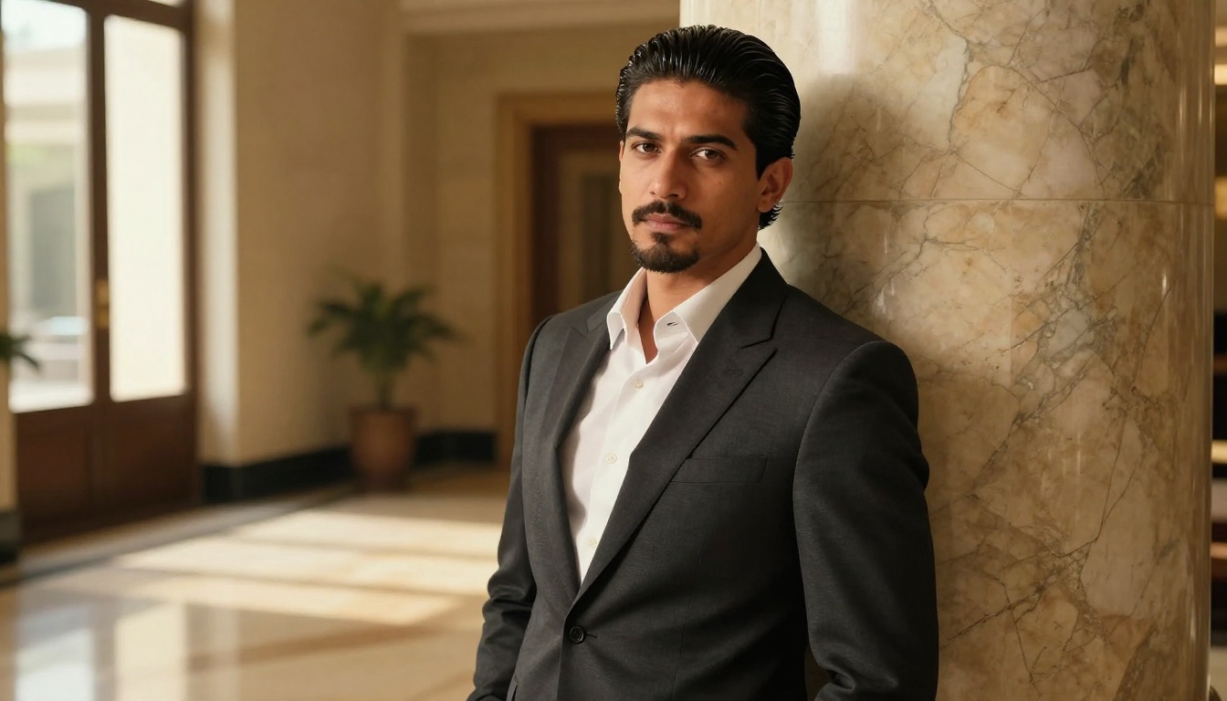 A man with glossy slicked back dark hair and a trimmed beard leaning on a marble column in a hotel lobby