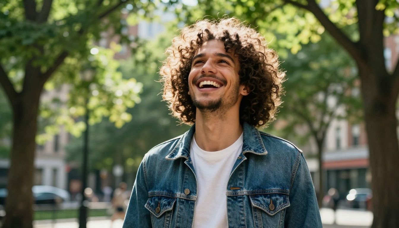 A laughing man with voluminous natural curls and tapered sides standing under trees in a sunlit park