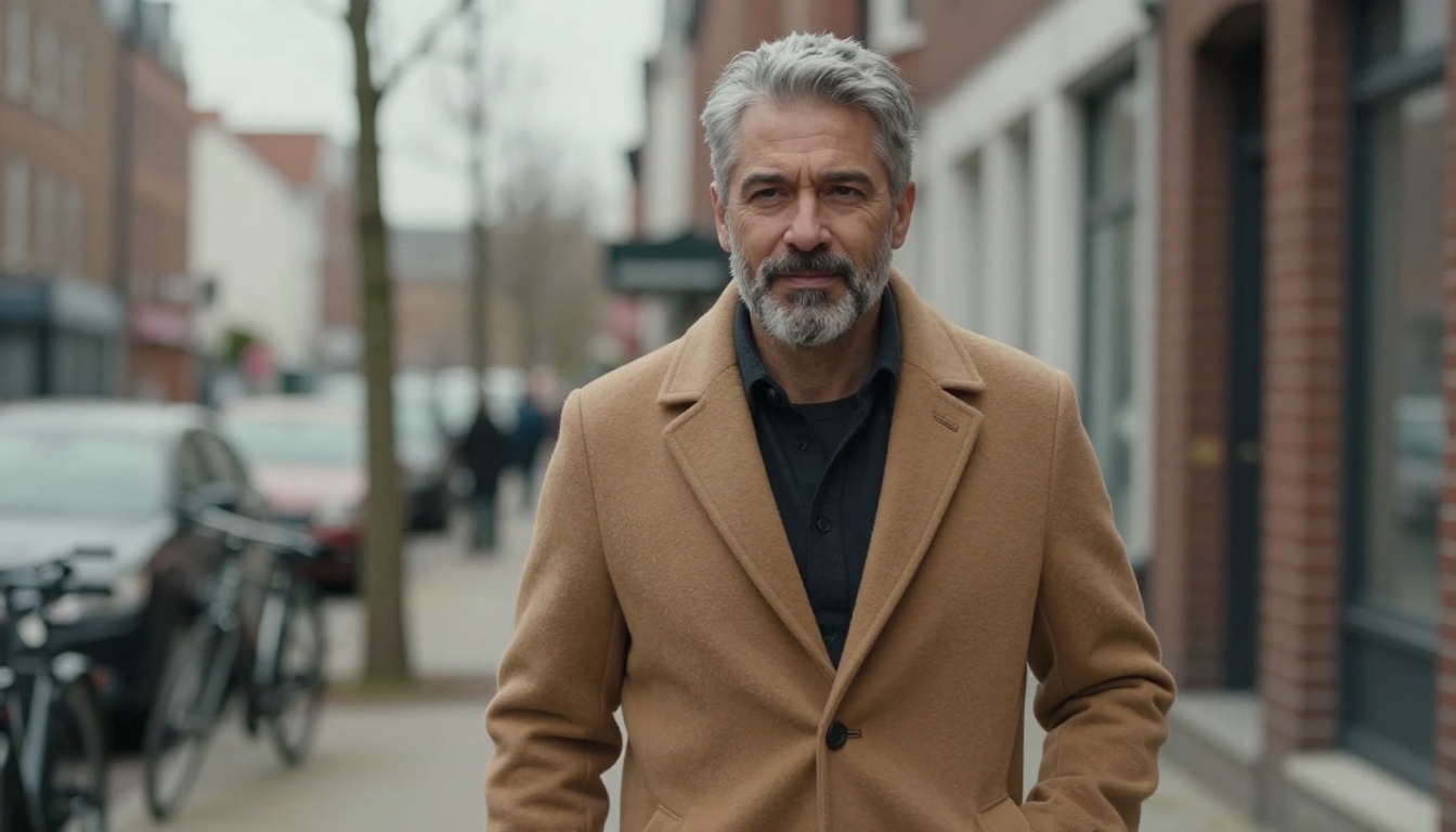A man in his forties with short silver grey hair and a salt and pepper beard walking down an urban sidewalk in a camel coat