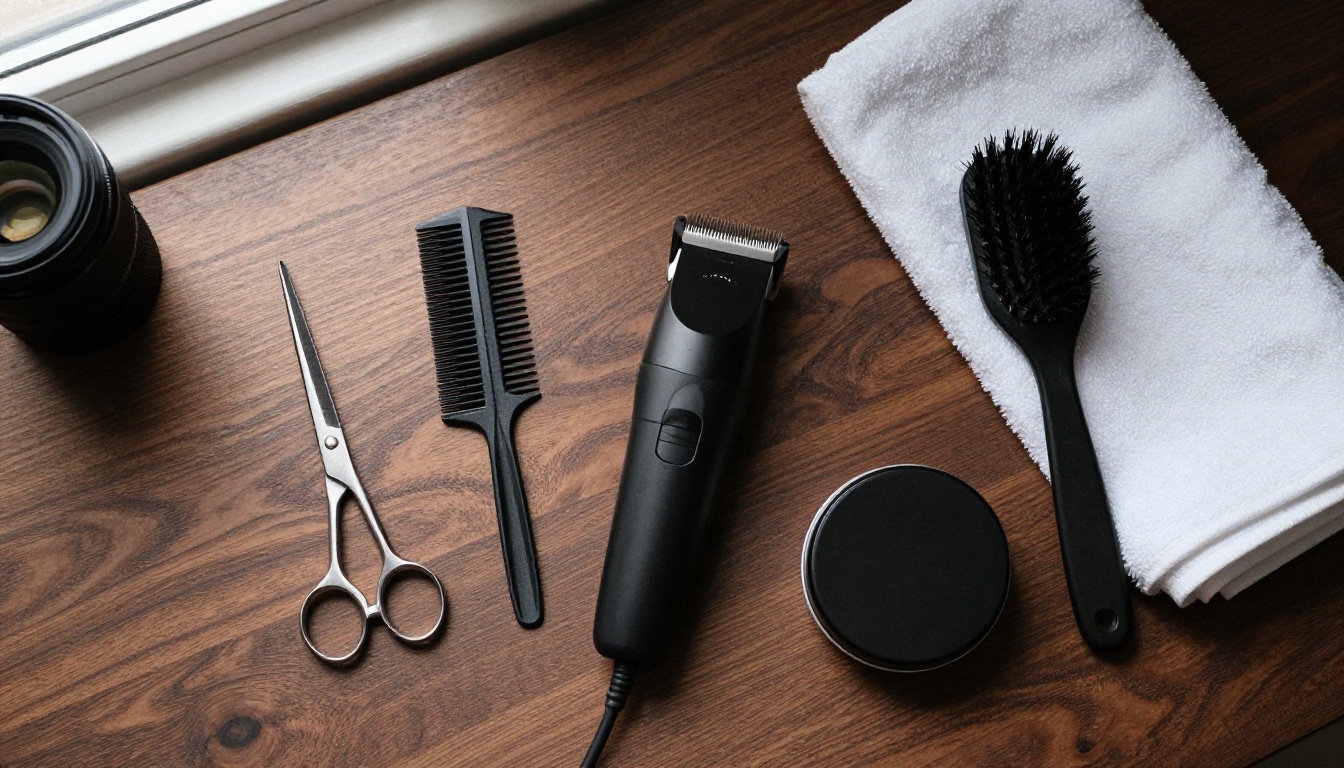 Overhead view of scissors, a black comb, a clipper, a tin of pomade and a bristle brush on a dark walnut table