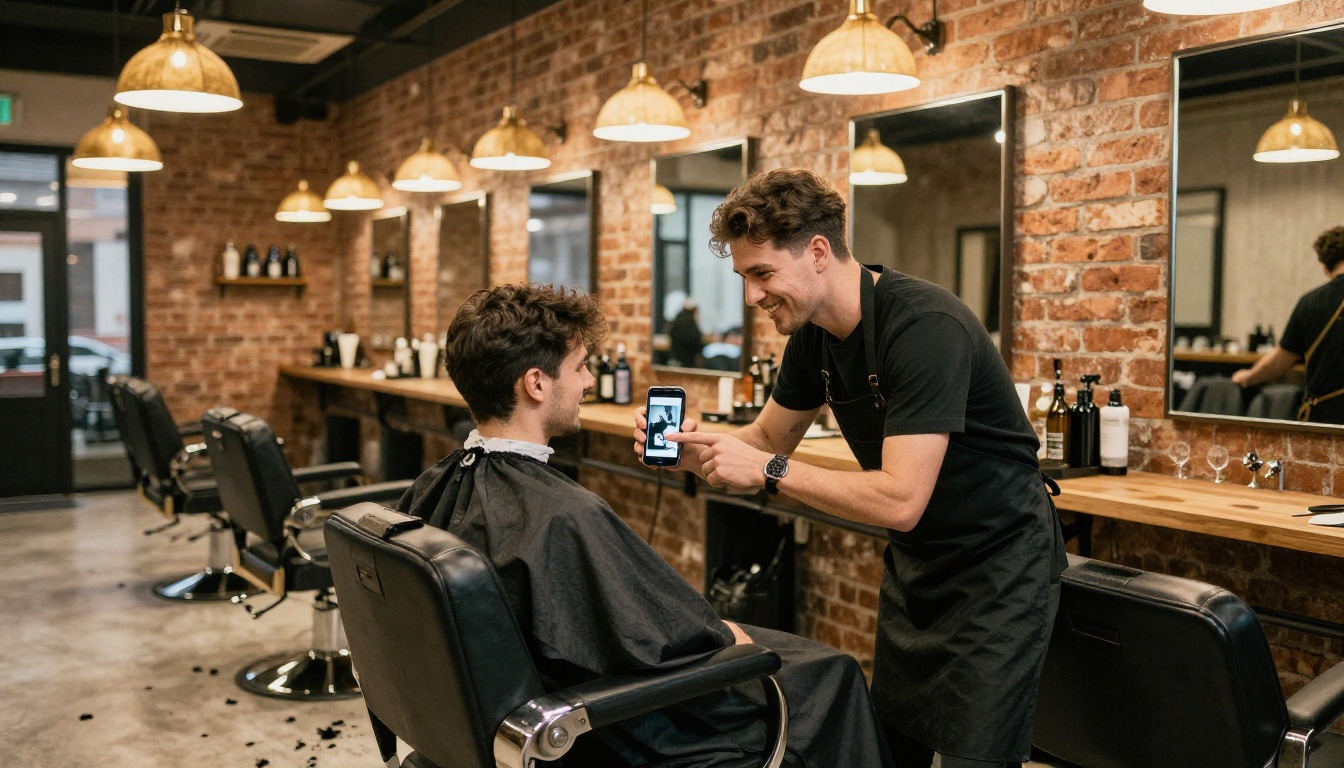 A barber in a black apron showing a client a photo on a smartphone while both smile and point at the screen