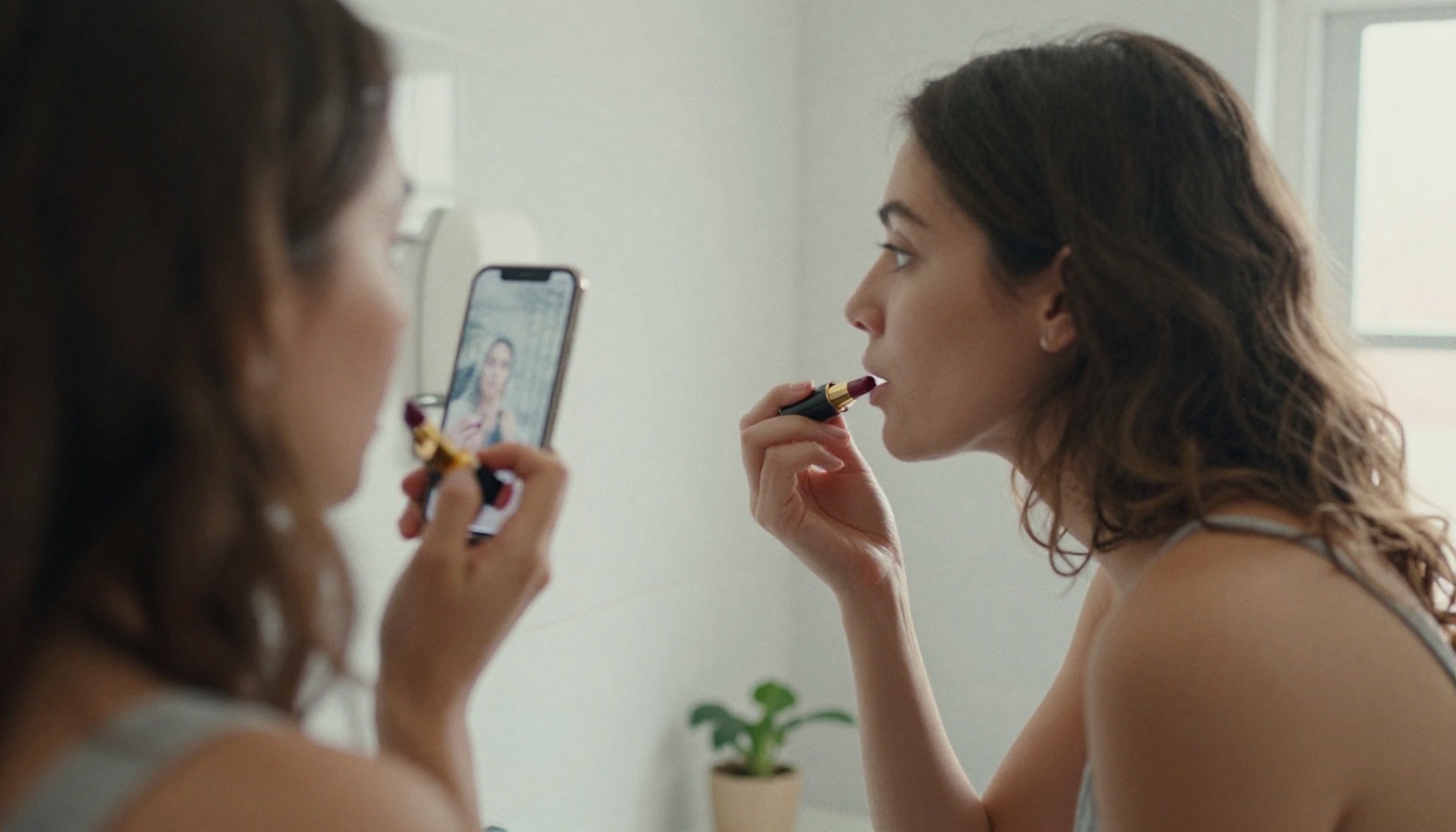 Woman testing a berry lipstick shade through a phone camera in a bathroom mirror