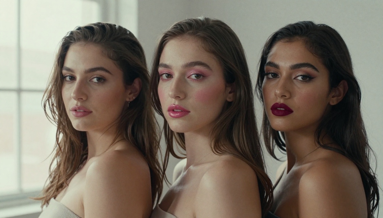 Three friends wearing natural, soft glam and bold makeup looks side by side
