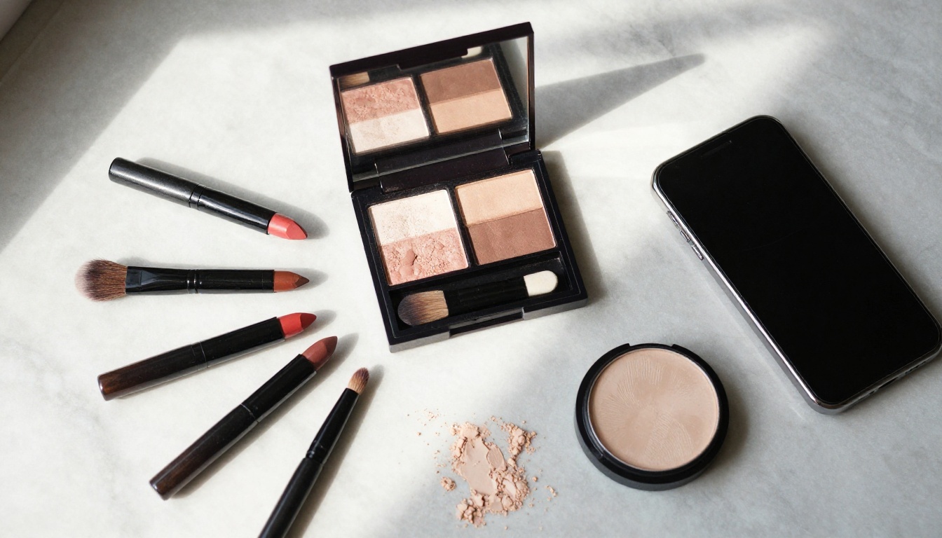 Flat lay of eyeshadow palette, lipsticks and brushes on marble