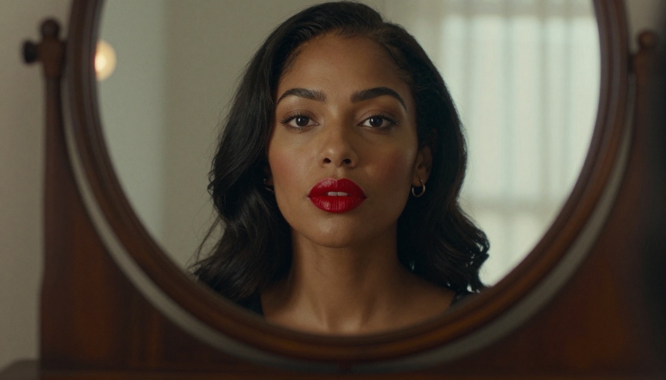 Woman with a classic red lip looking into a round vanity mirror