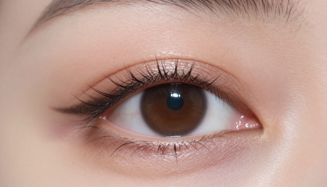 Macro view of champagne eyeshadow and brown winged eyeliner