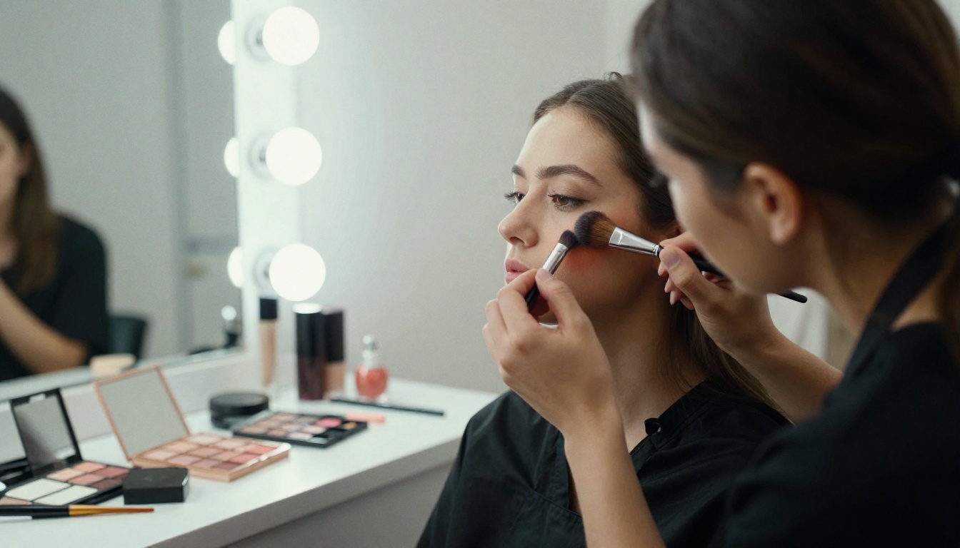 Makeup artist applying peach blush to a client in a salon chair