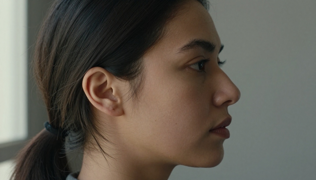 Woman with an oval face in side profile showing jawline and cheekbones in soft window light