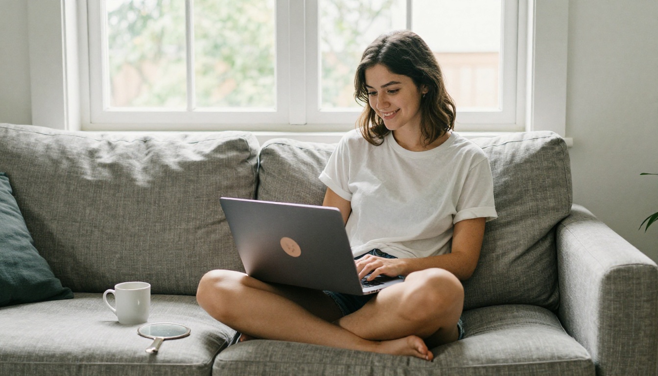 Young woman on a sofa browsing free makeup filters on a laptop