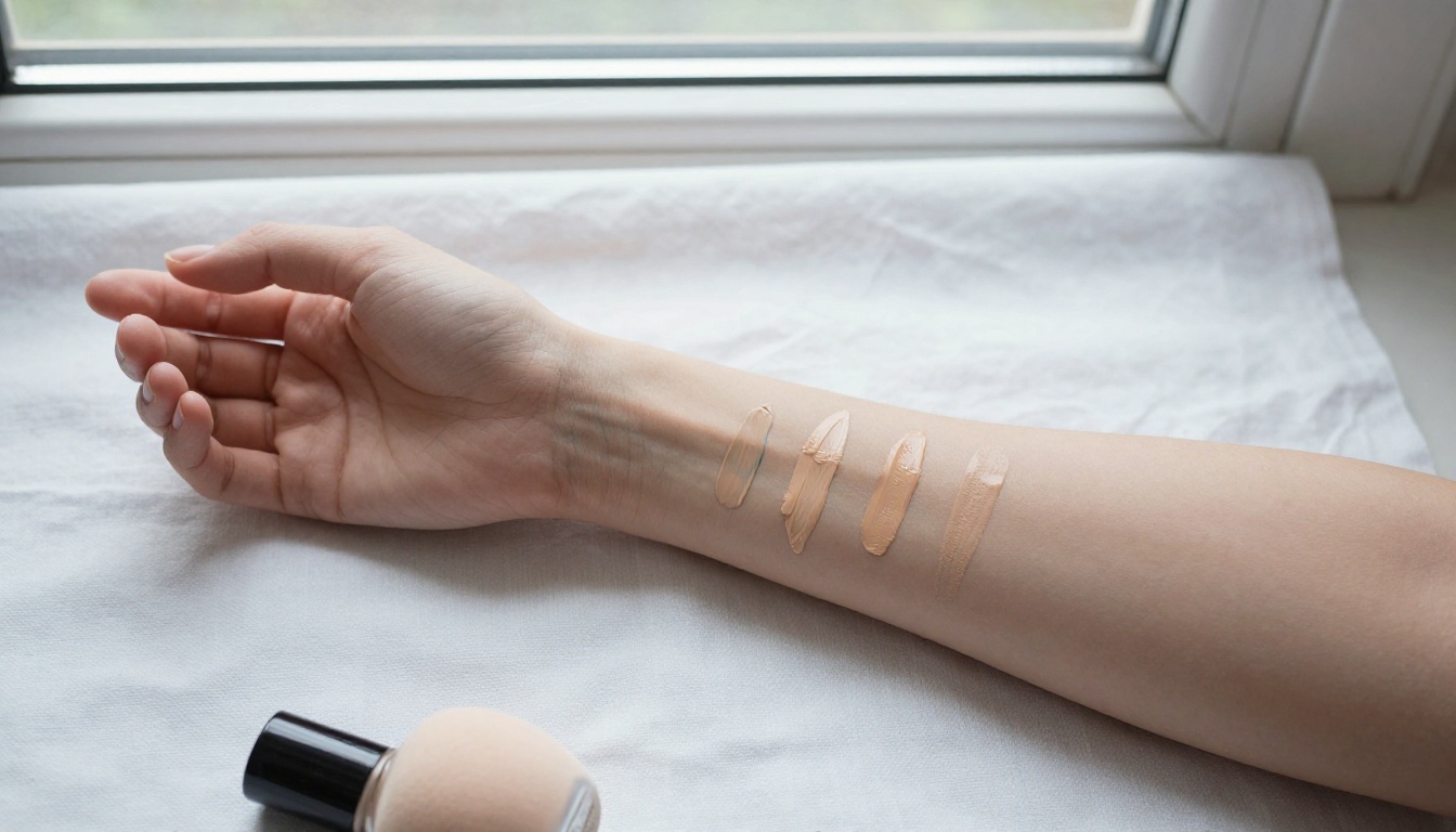 Top down view of a forearm with four foundation shades swatched on the inner wrist