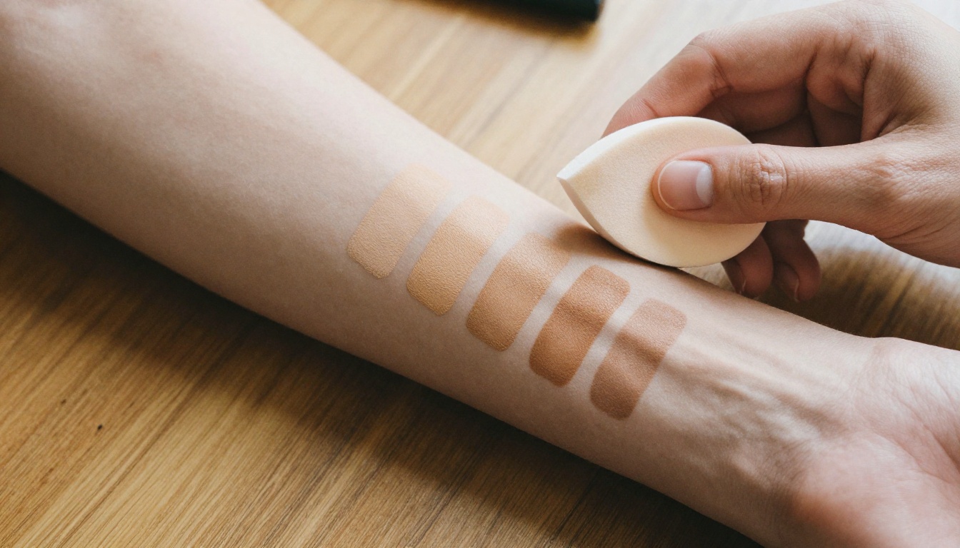 Five foundation swatches from light to deep on a forearm