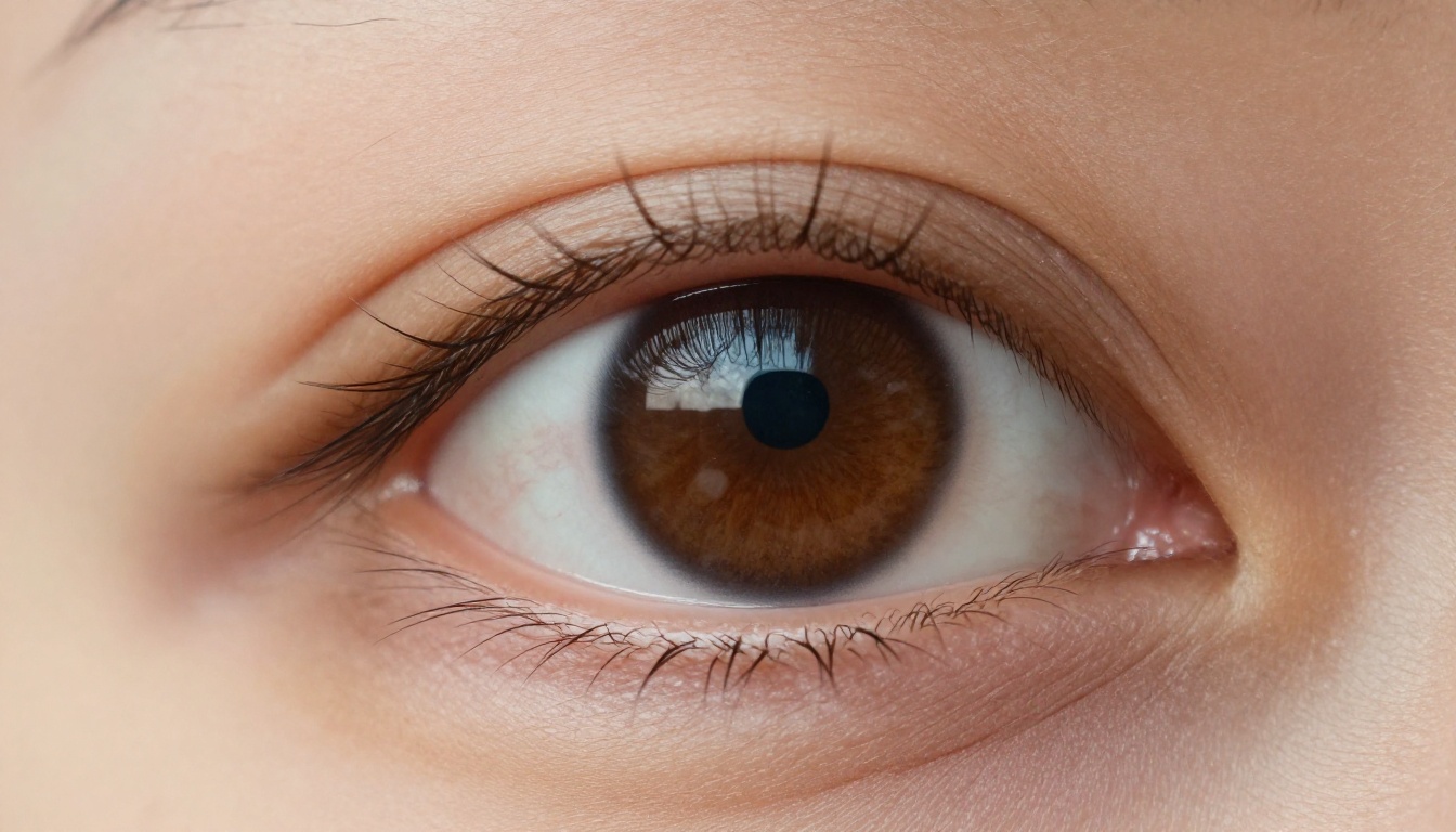 Macro close up of an almond shaped eye with bronze shadow and thin brown liner