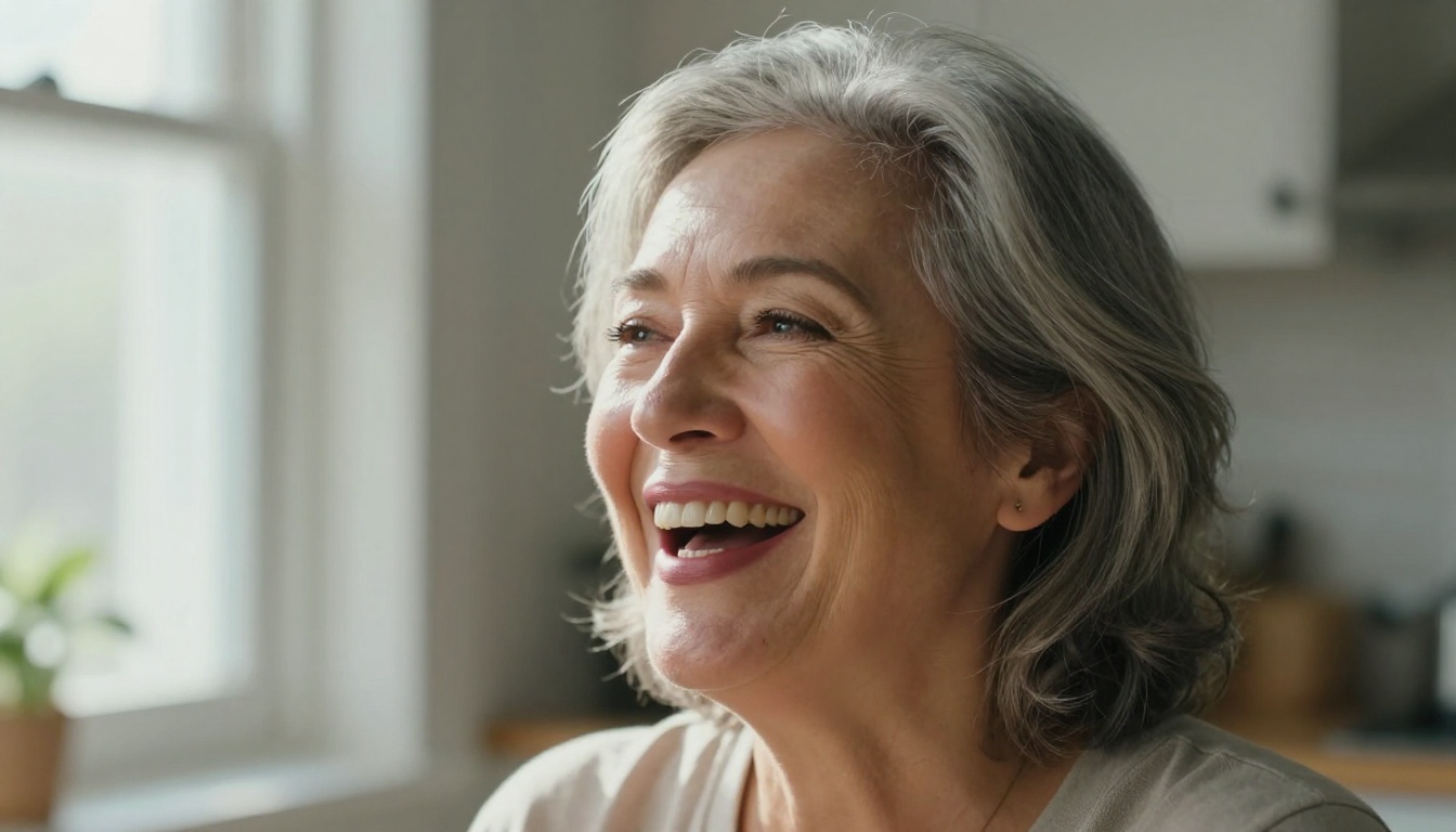 Woman in her fifties laughing in a natural makeup look near a sunny window