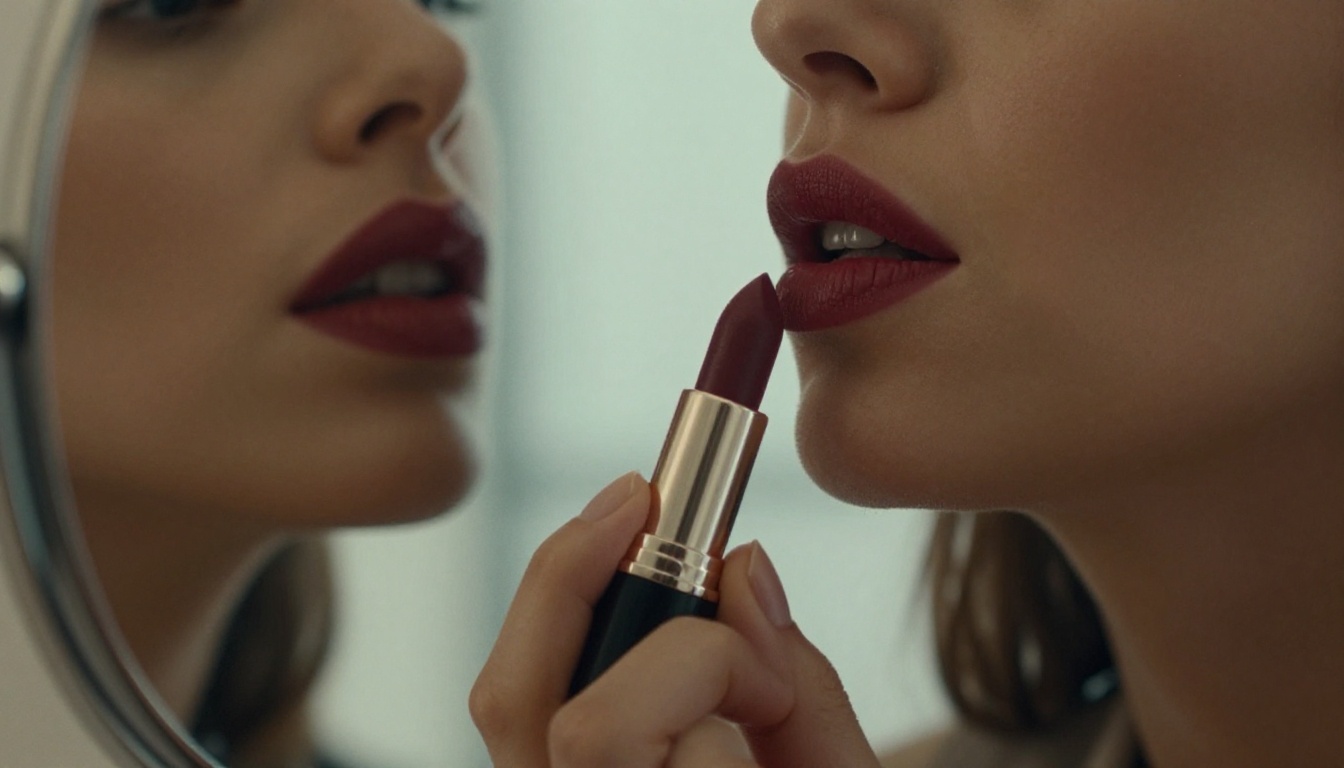 Woman applying deep berry lipstick in front of a small round mirror