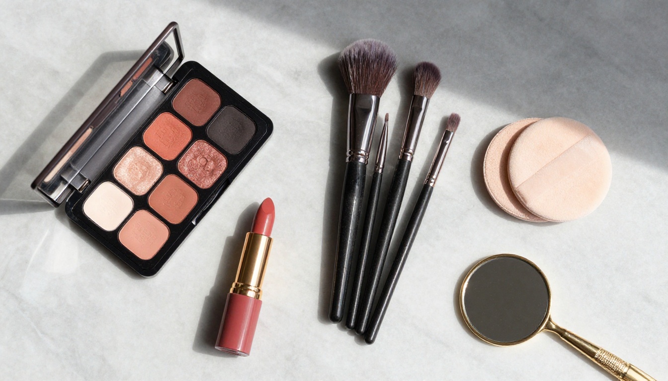 Flat lay of an eyeshadow palette, blush, lipsticks and brushes on grey marble