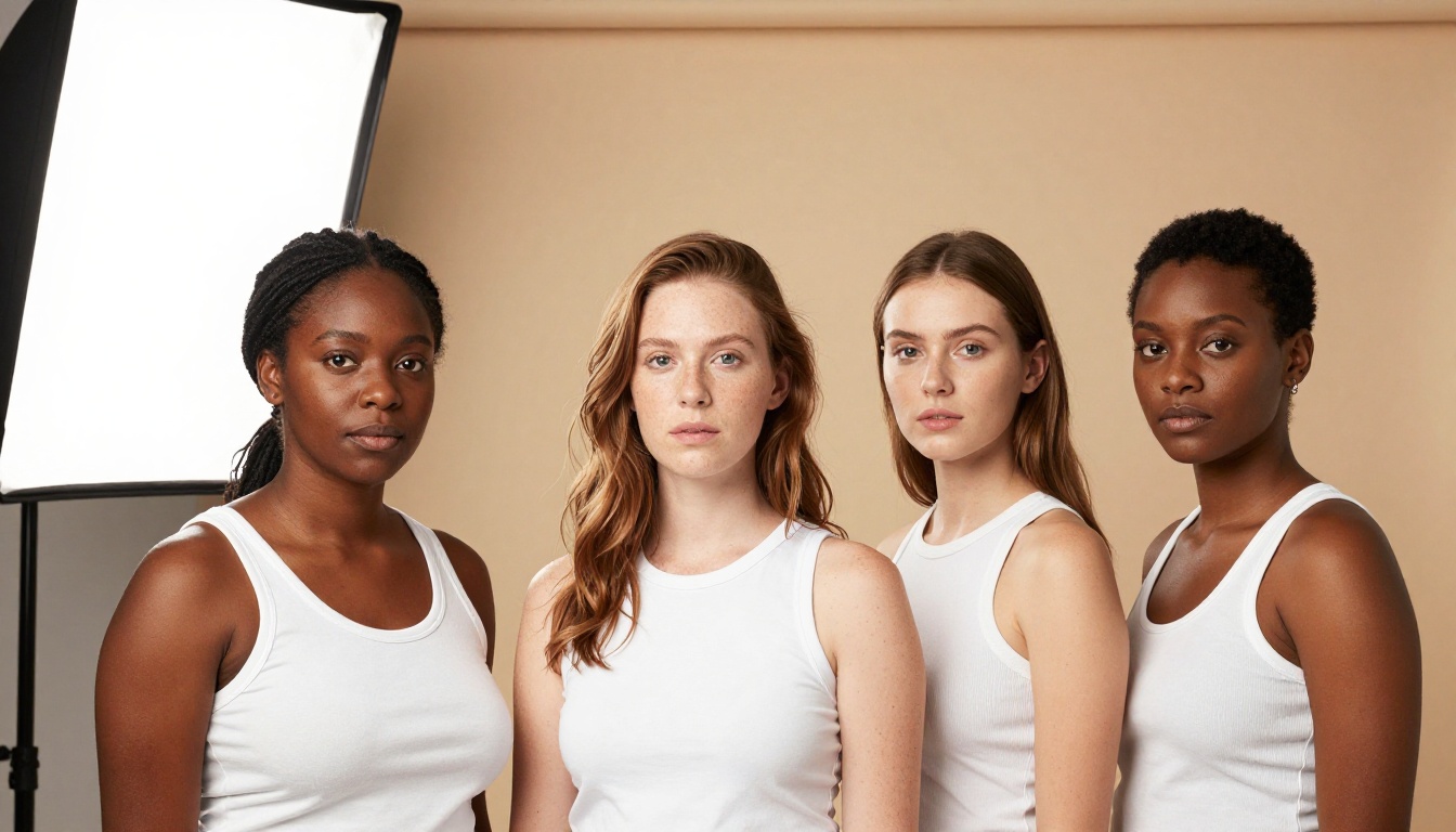 Three women with different skin tones standing together in a studio with natural makeup