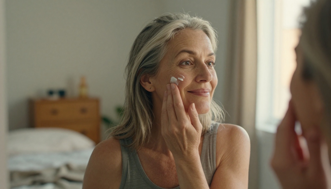 Woman in her fifties patting cream blush onto her cheek in front of a bedroom mirror