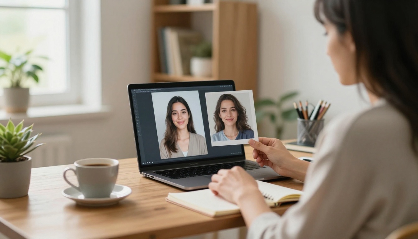 Woman at a wooden desk comparing two portrait photos of herself on a laptop