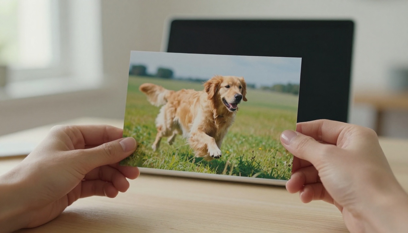 Woman's hands holding a printed photograph of a golden retriever mid-leap, ready to turn the still image into an AI GIF