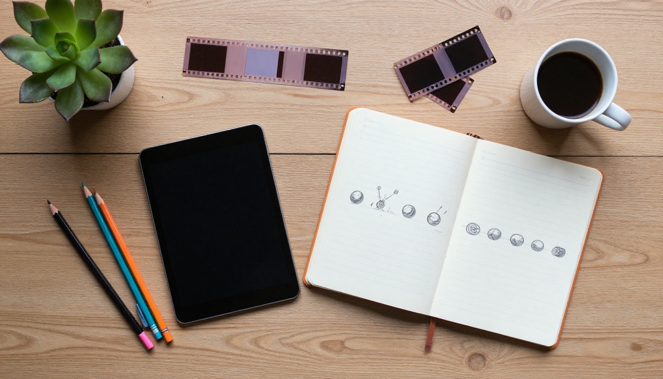 Overhead view of a desk with a notebook of sketched animation frames, film strips and a tablet, showing the three routes to a GIF