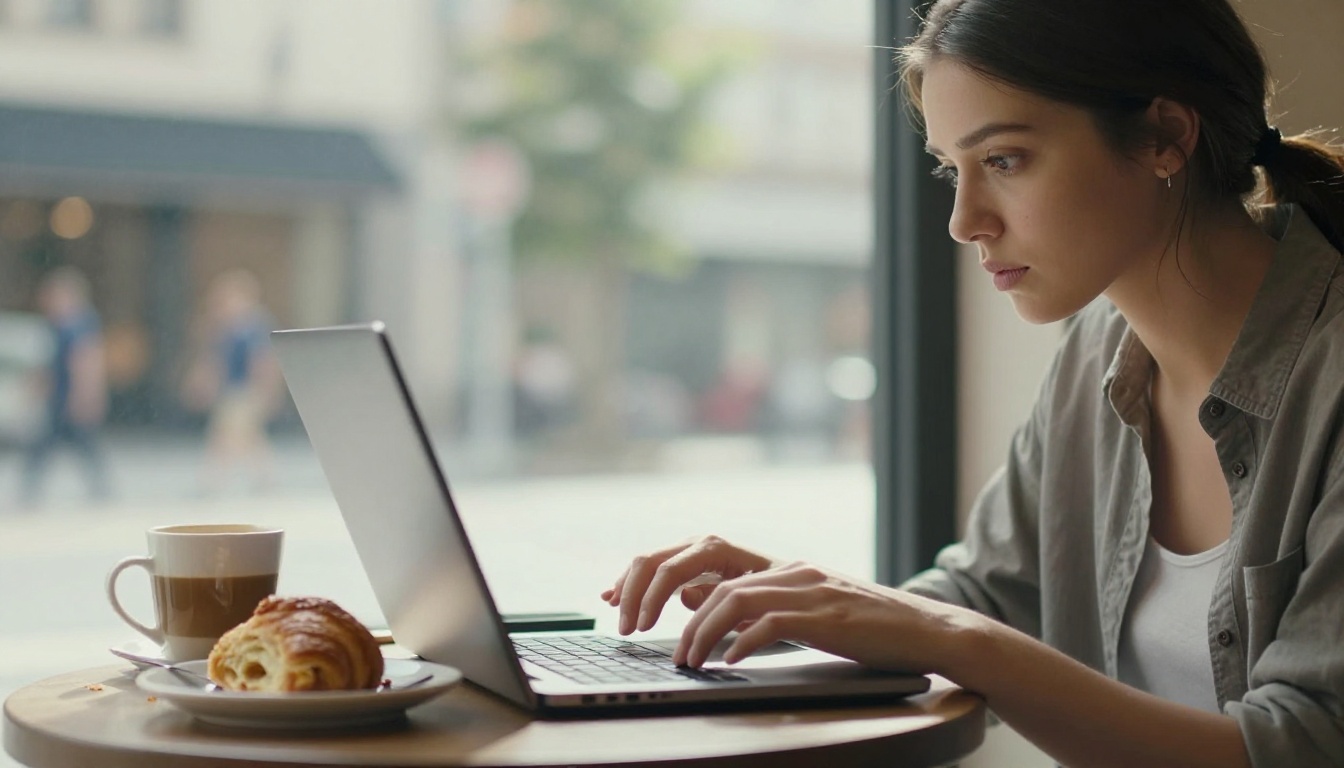 Young woman typing a prompt on a laptop at a cafe window table, low angle with soft midday light