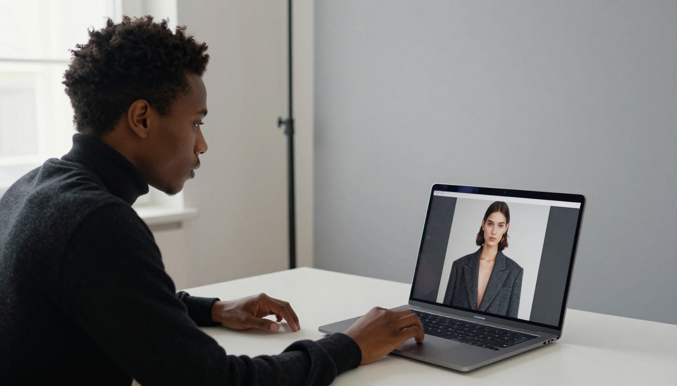 A fashion photographer reviewing a full-length model portrait on a laptop in a bright studio