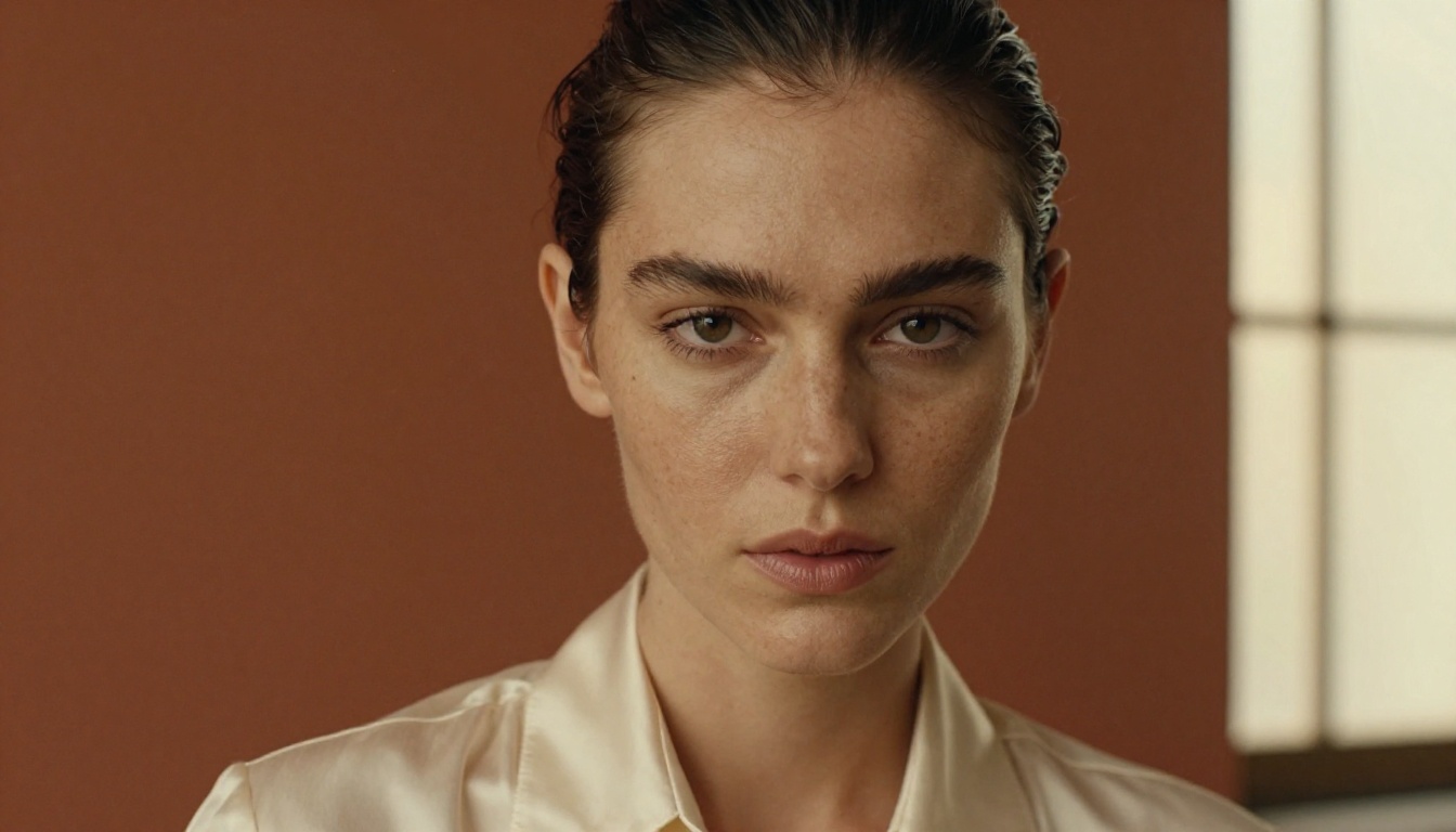 Close-up editorial portrait of a freckled model in a cream silk blouse against a terracotta wall