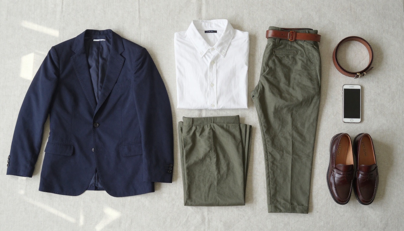 Flat-lay of a navy blazer, white shirt, olive trousers, belt, and loafers on pale linen