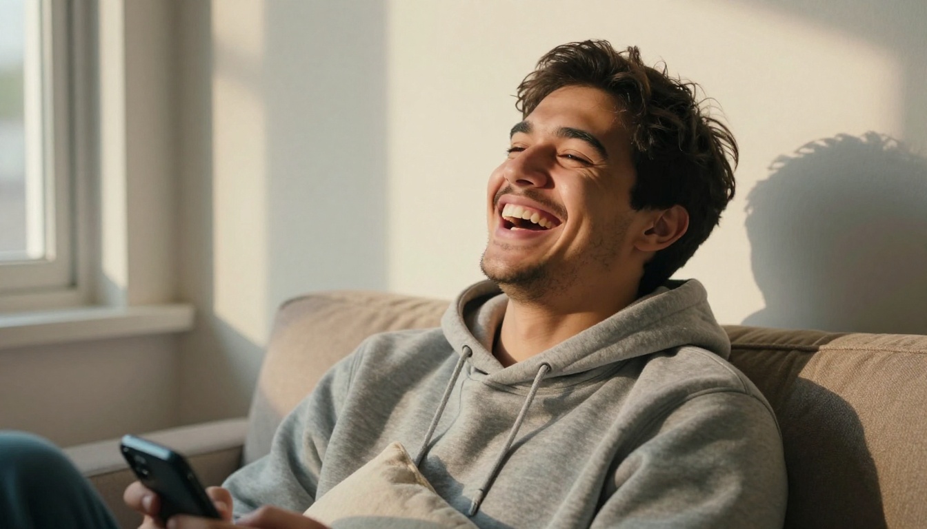 Young man laughing at his phone on a sunlit couch, the kind of moment people send as a reaction GIF