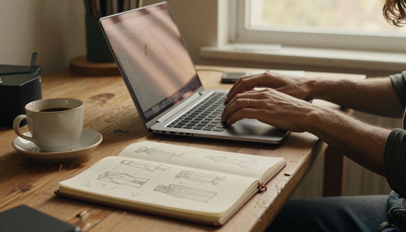 Hands typing on a laptop beside a notebook of clothing sketches and a coffee cup