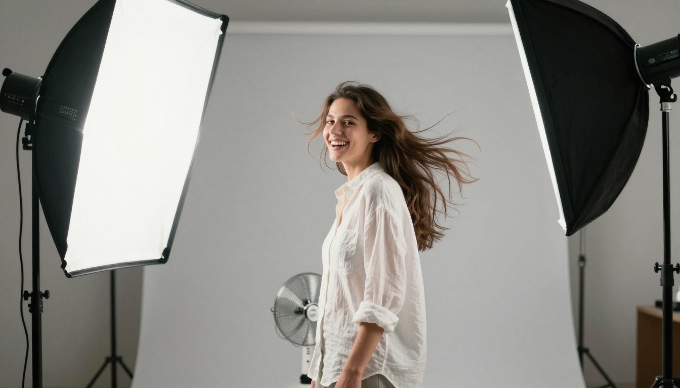 Woman in a white linen shirt laughing in a photo studio while a fan lifts her hair, a perfect source photo for image to GIF