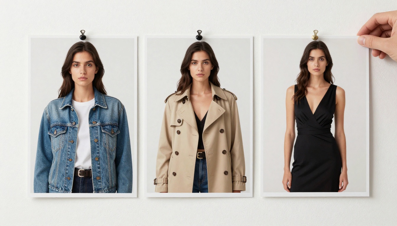 Three matte prints of the same model in a denim jacket, a trench coat, and an evening dress