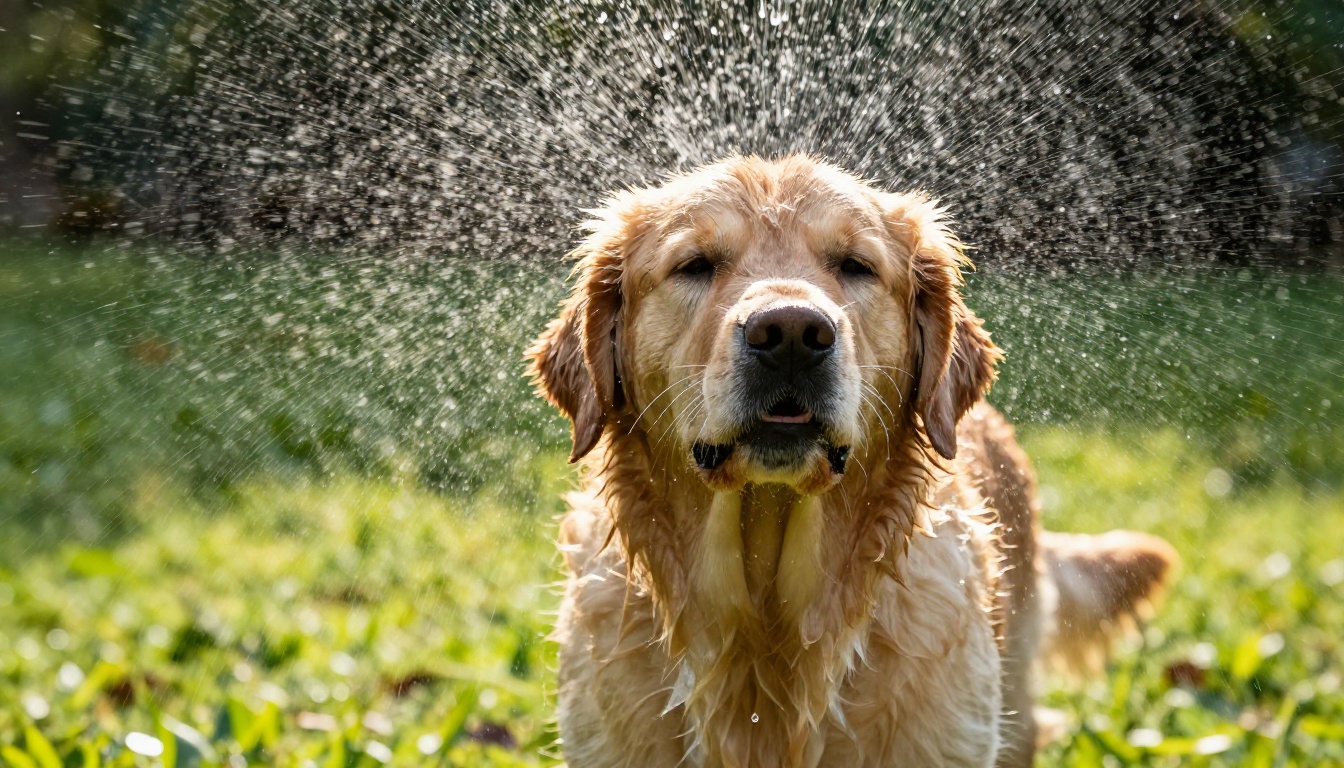 Wet golden retriever shaking water off its fur in a sunlit park, a high-motion subject for a looping GIF