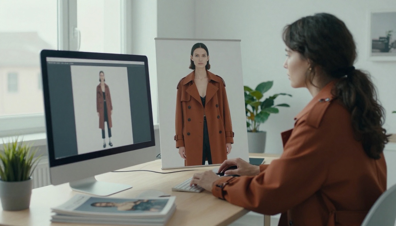A woman at a desk reviewing a finished fashion portrait of a model in a rust trench coat