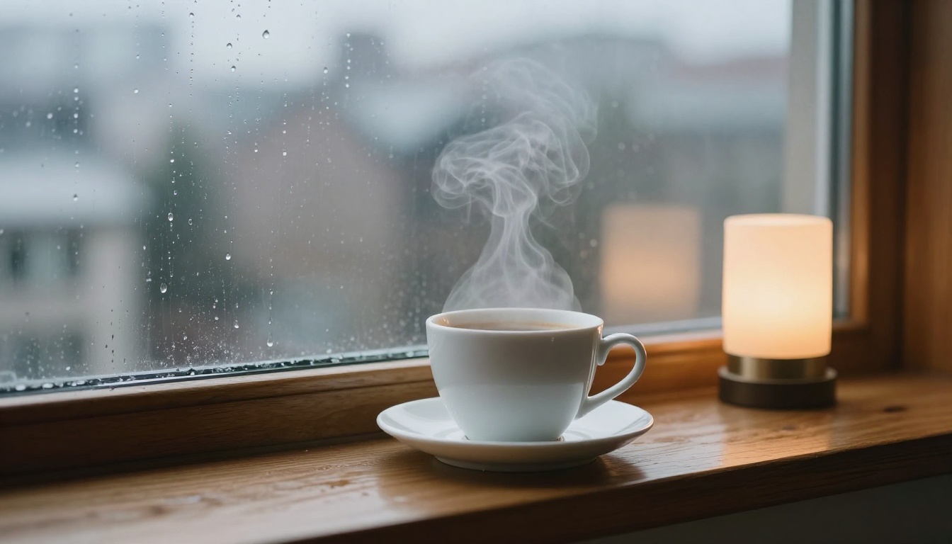 White coffee cup with steam rising on a rainy windowsill, a simple scene that compresses well as a GIF