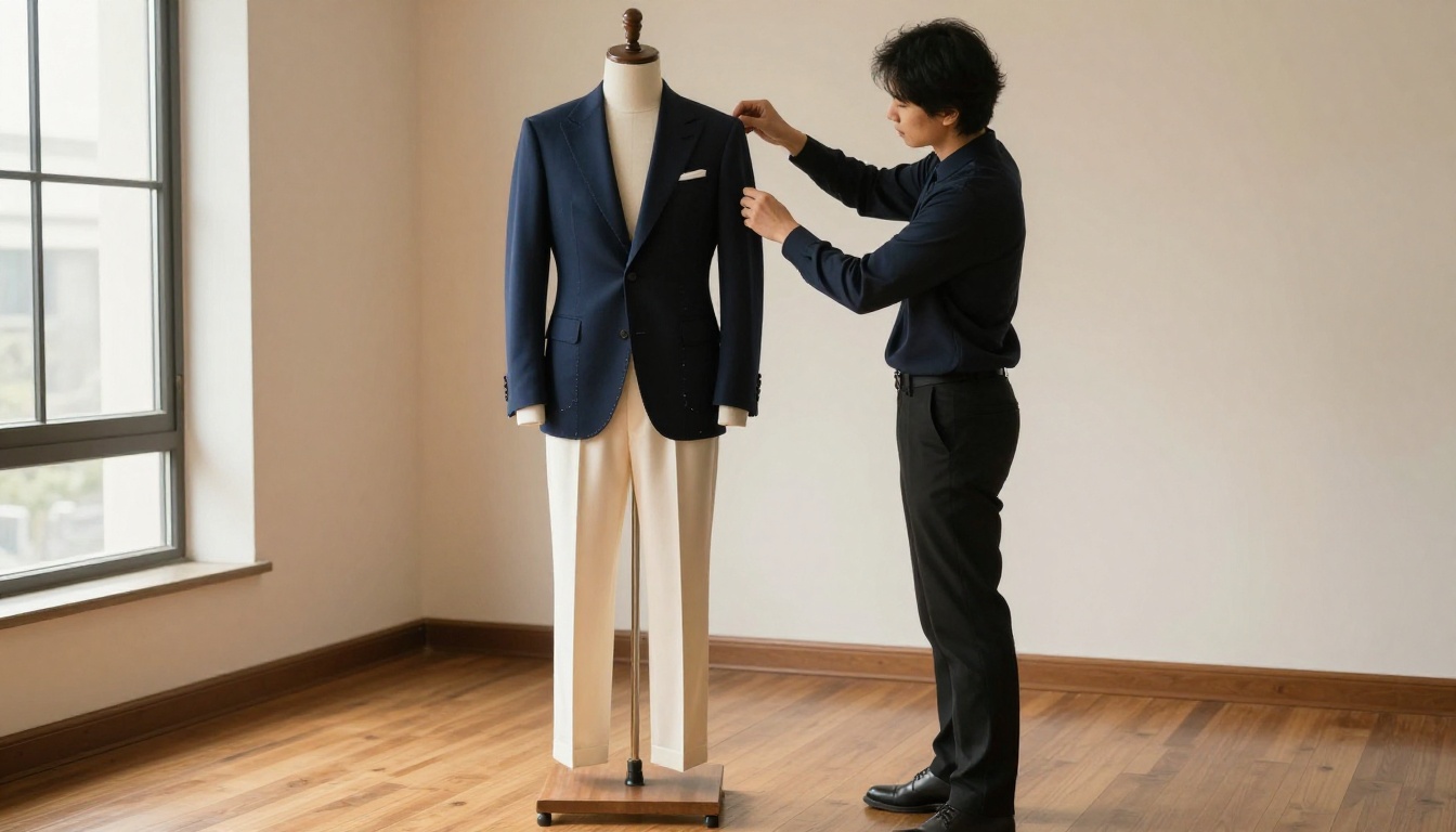 A model in a fitted navy blazer and cream trousers on a platform while a stylist adjusts the lapel