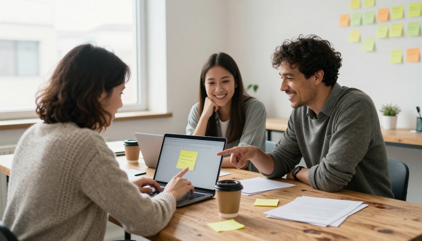 Three coworkers laughing around a laptop in a bright office while reviewing animated content