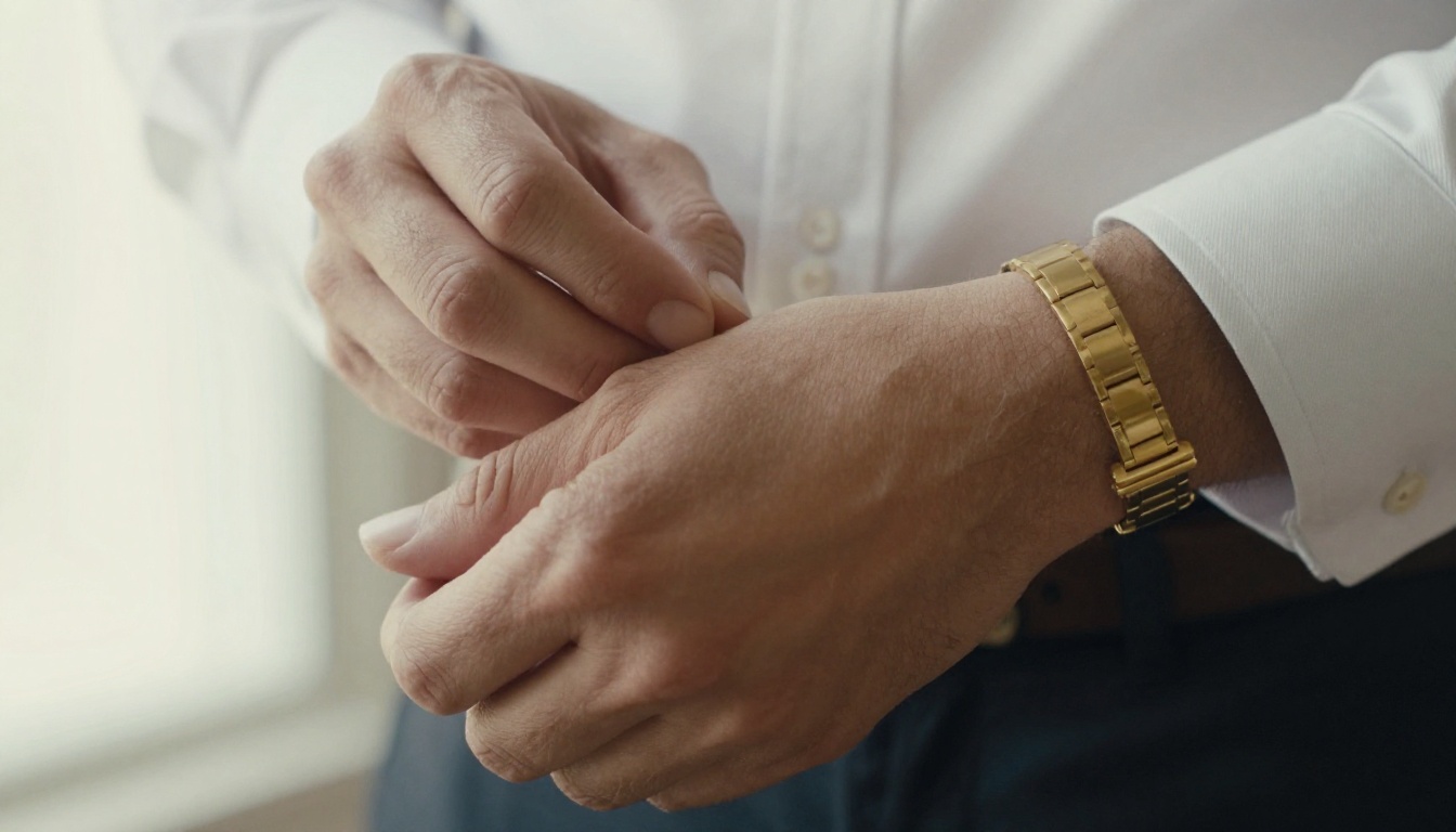 Close-up of a model's hand adjusting a white shirt cuff with a gold watch
