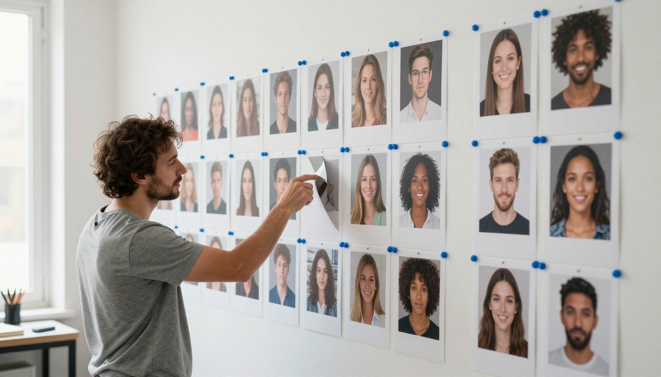 A film director pinning rows of printed storyboard panels onto a bright office wall A film director pinning rows of printed storyboard panels onto a bright office wall