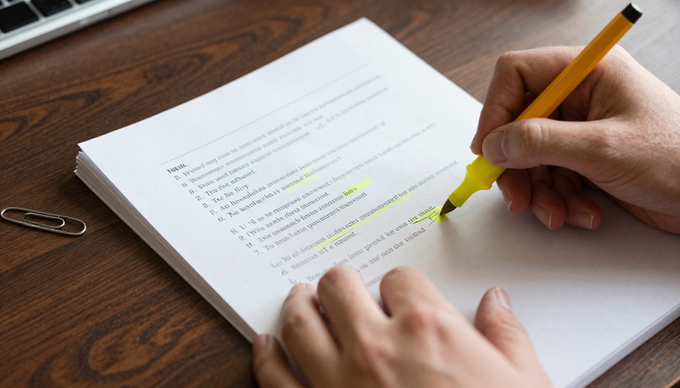 A screenwriter's hands highlighting dialogue lines on a printed screenplay page A screenwriter's hands highlighting dialogue lines on a printed screenplay page