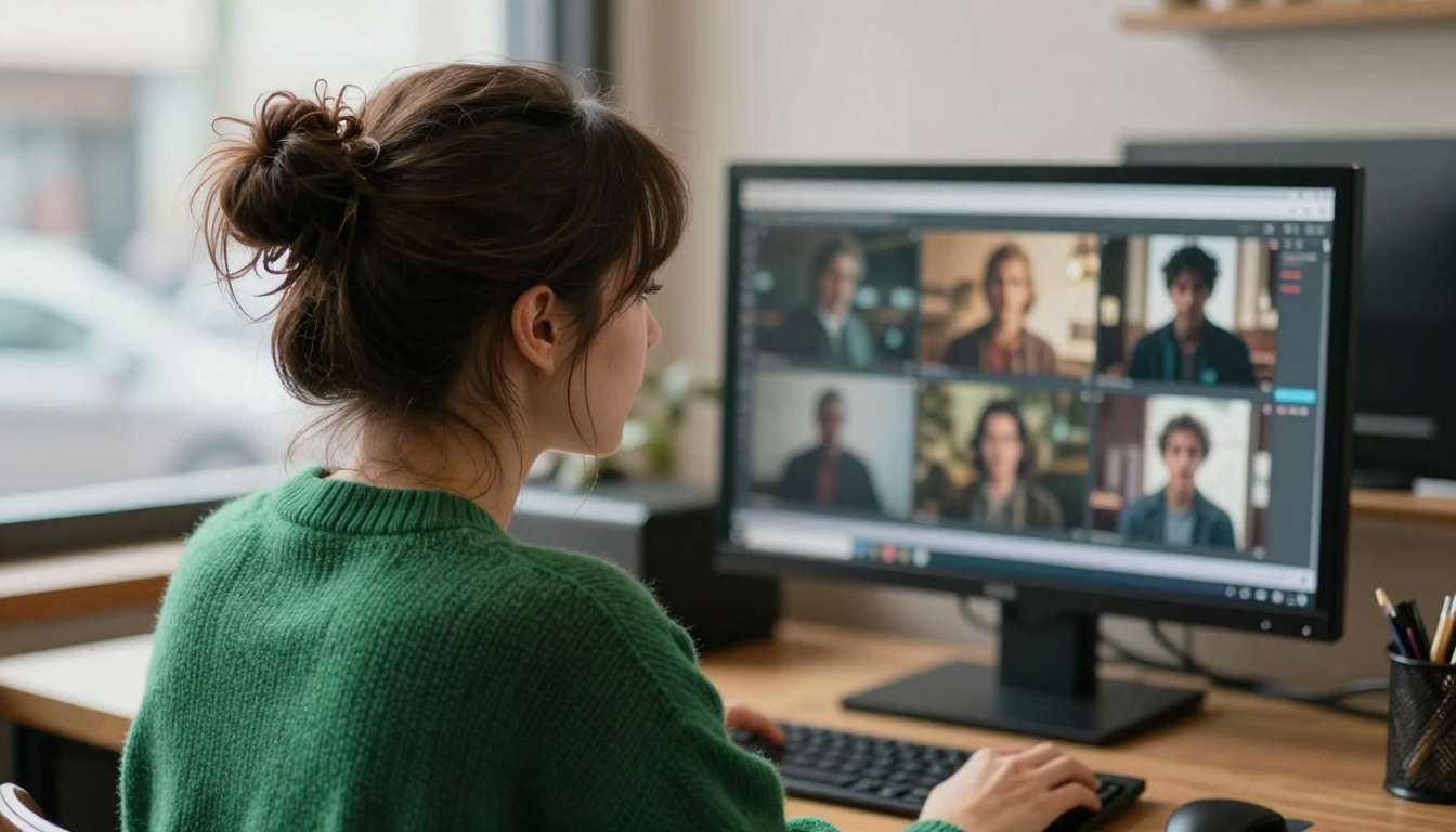 A woman reviewing a grid of six photographic movie frames on her monitor A woman reviewing a grid of six photographic movie frames on her monitor