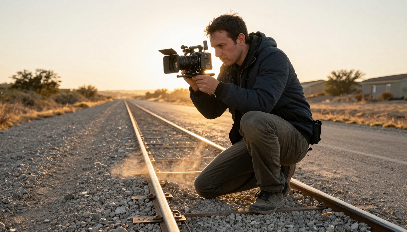A camera operator crouched low beside a dolly track on a gravel road at golden hour A camera operator crouched low beside a dolly track on a gravel road at golden hour