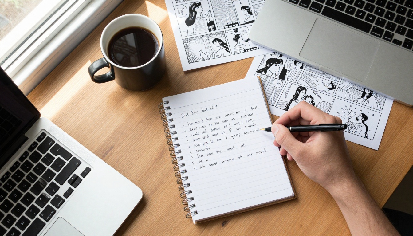 A hand typing a short story idea on a laptop beside printed comic pages laid out in a grid