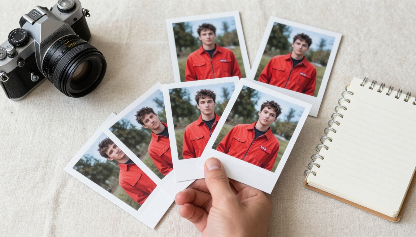 Six printed photographic storyboard cards fanned out on a linen tablecloth next to a camera lens Six printed photographic storyboard cards fanned out on a linen tablecloth next to a camera lens