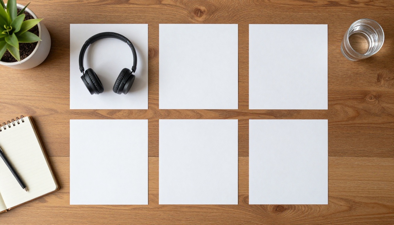A top-down view of printed frames arranged in a three by three grid on a birch desk A top-down view of printed frames arranged in a three by three grid on a birch desk